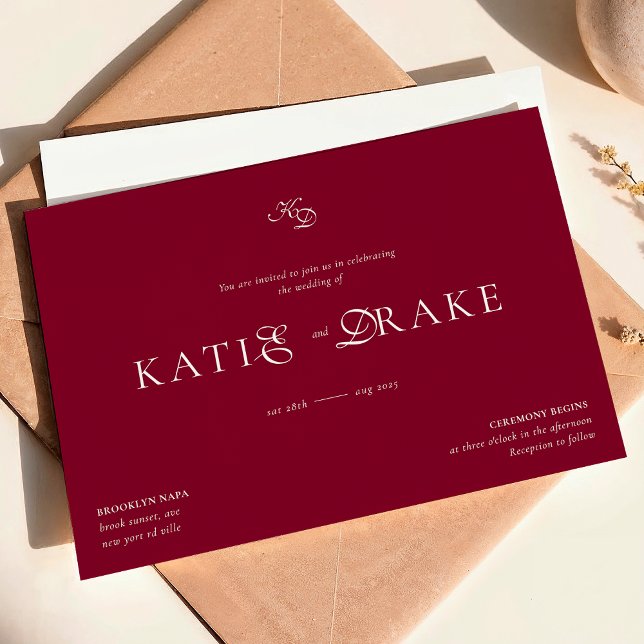 Invitación Minimal Monogram Deep Burgundy Script Wedding (Subido por el creador)