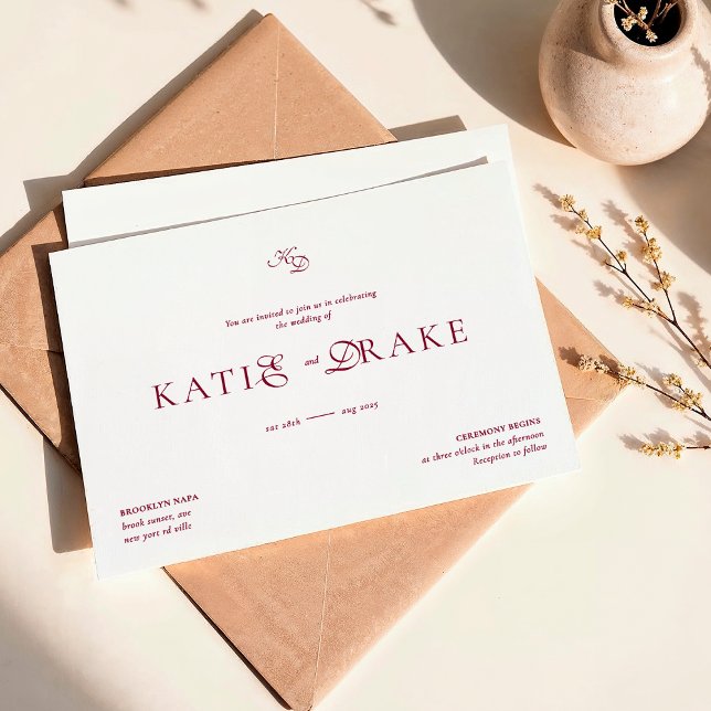 Invitación Minimal Monogram Deep Burgundy Script Wedding (Subido por el creador)