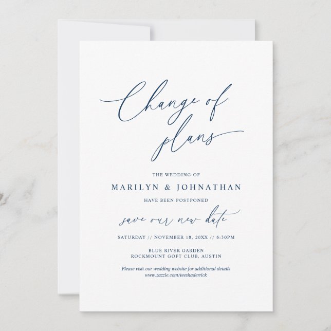 Invitación Minimal Navy, Cambio de planes, boda pospuesta (Anverso)