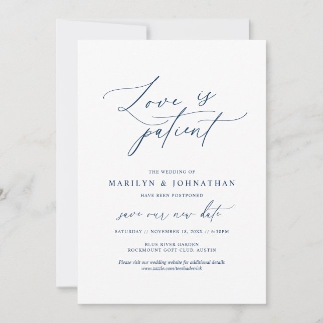 Invitación Minimal Navy, El amor es paciente, boda pospuesta (Anverso)