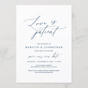 Invitación Minimal Navy, El amor es paciente, boda pospuesta