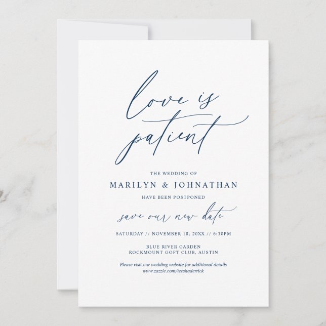 Invitación Minimal Navy, El amor es paciente, boda pospuesta (Anverso)