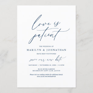 Invitación Minimal Navy, El amor es paciente, boda pospuesta
