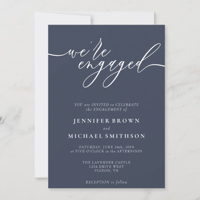 Invitación Minimal Navy Modern estamos comprometidos (Anverso)