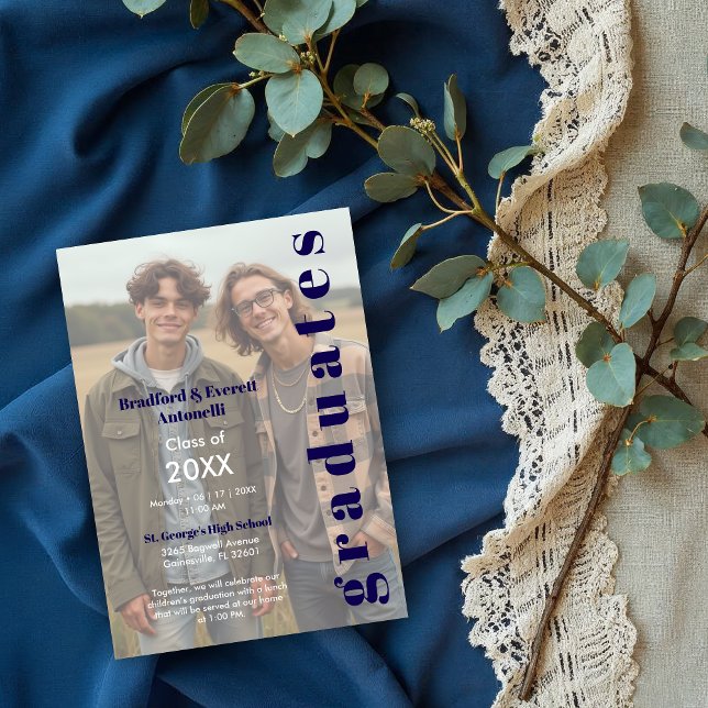 Invitación Minimal Photo Editorial Style Double Graduation (Minimal Editorial Style Double Graduation Photo Invitation Design. )