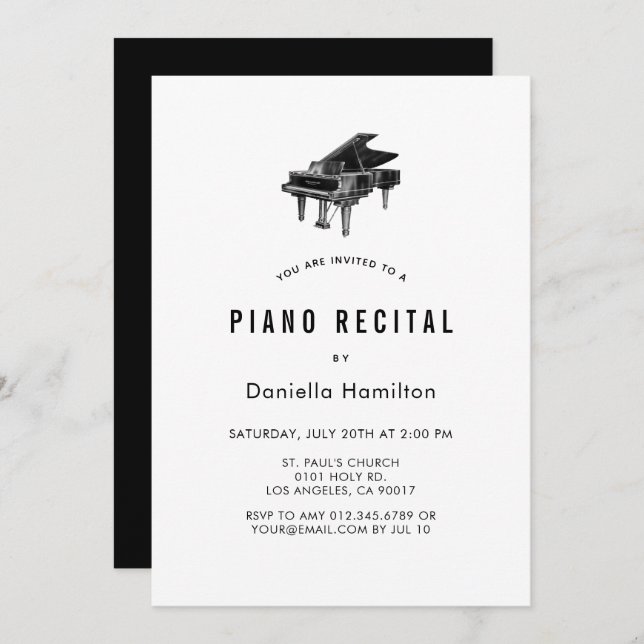 Invitación Minimal Piano White Recital Invitation (Anverso / Reverso)