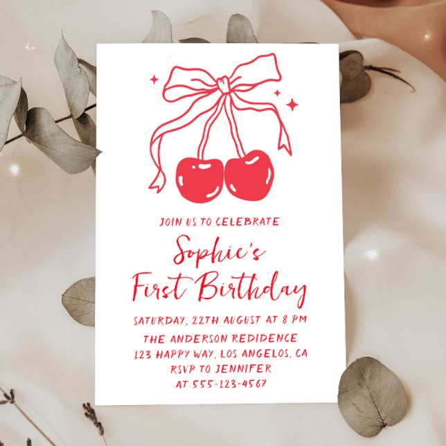Invitación Minimal Red Bow Cherry Fruit 1st Birthday Party (Subido por el creador)
