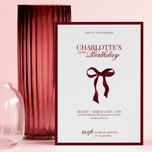 Invitación Minimal Red & Burgundy Bow Birthday Invitation (Subido por el creador)