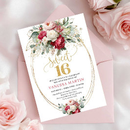 Invitación Minimal Red Burgundy Floral Sweet Sixteen Invite