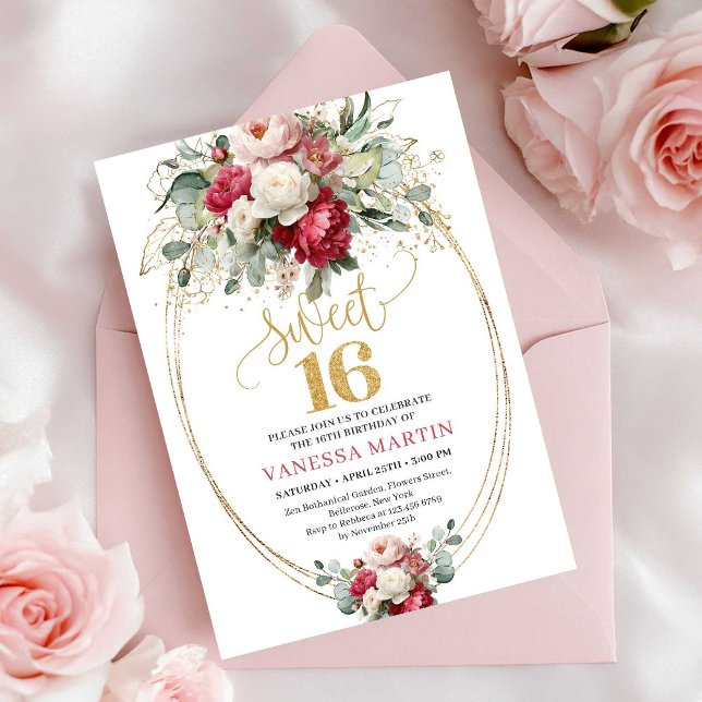 Invitación Minimal Red Burgundy Floral Sweet Sixteen Invite (Minimal Red Burgundy Floral Sweet Sixteen Invite)