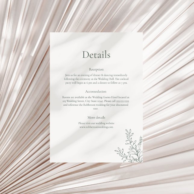 Invitación Minimal Sage Green Botanical Details Card (Minimal Sage Green Botanical Details Card on a neutral dry palm leaf.)
