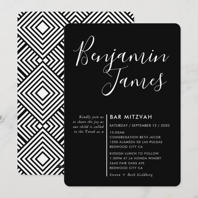 Invitación MINIMAL SCRIPT Bar moderno Mitzvah blanco negro (Anverso / Reverso)