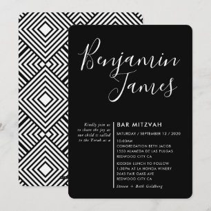 Invitación MINIMAL SCRIPT Bar moderno Mitzvah blanco negro