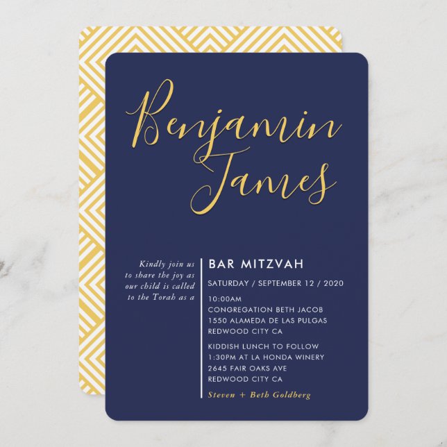 Invitación MINIMAL SCRIPT Bar moderno Mitzvah color azul mari (Anverso / Reverso)