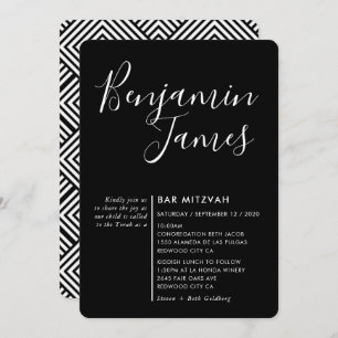 Invitación MINIMAL SCRIPT moderno Bar Mitzvah blanco negro