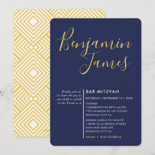 Invitación MINIMAL SCRIPT moderno Bar Mitzvah color azul dora