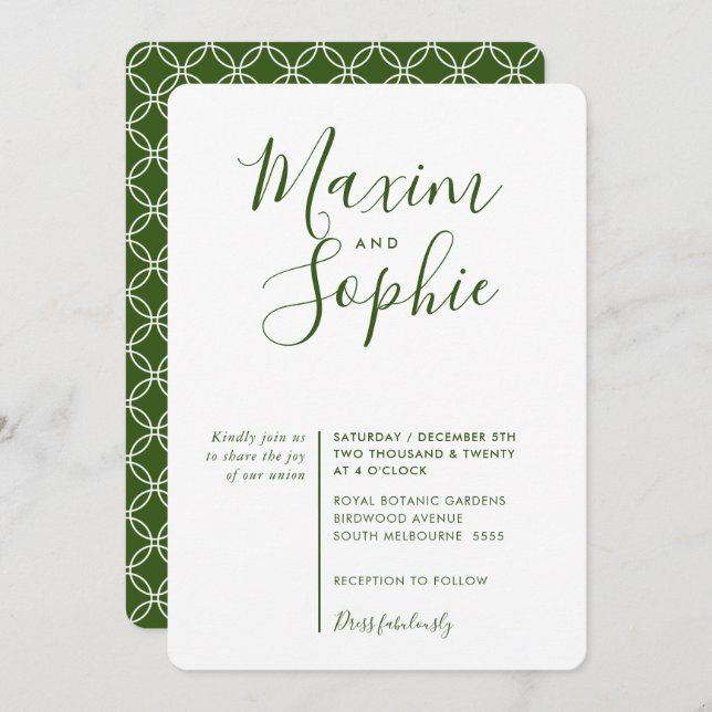 Invitación MINIMAL SCRIPT sencillo boda moderno verde (Anverso / Reverso)