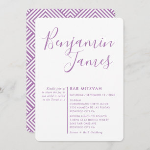 Invitación MINIMAL SCRIPT sencillo y moderno Bar Mitzvah púrp