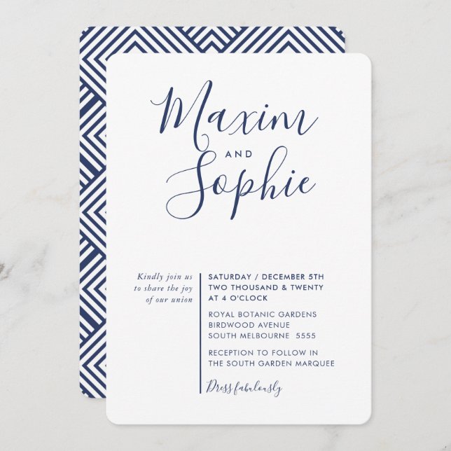Invitación MINIMAL SCRIPT simple boda moderno azul marino (Anverso / Reverso)