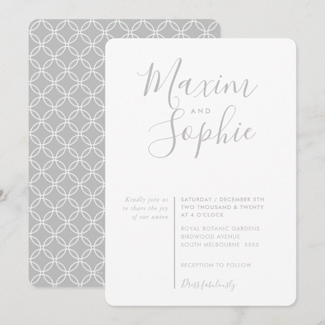 Invitación MINIMAL SCRIPT simple boda moderno lugar gris (Anverso / Reverso)