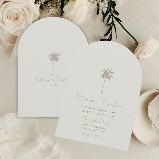 Invitación Minimal Taupe Palm Tree Beach Wedding Invitation (Subido por el creador)
