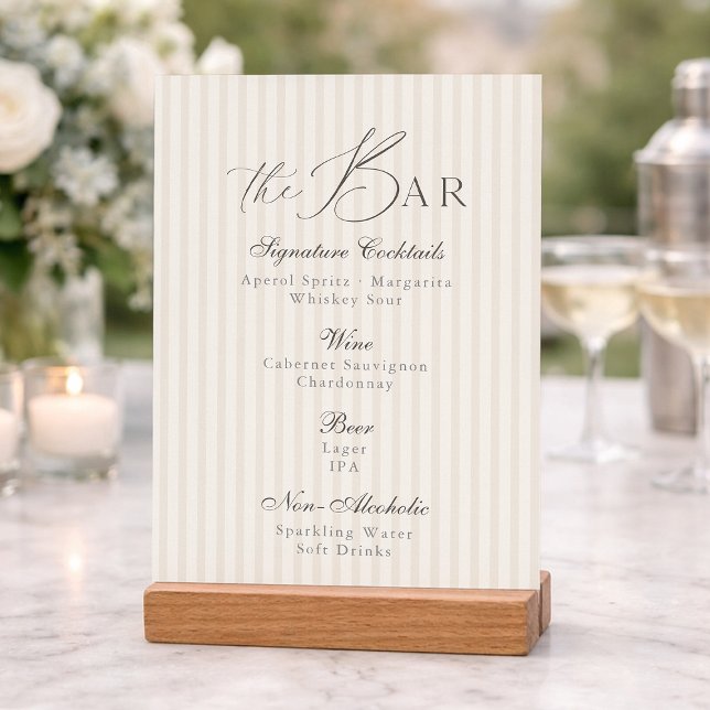 Invitación Minimal Taupe Stripe Wedding Bar Menu  (Subido por el creador)