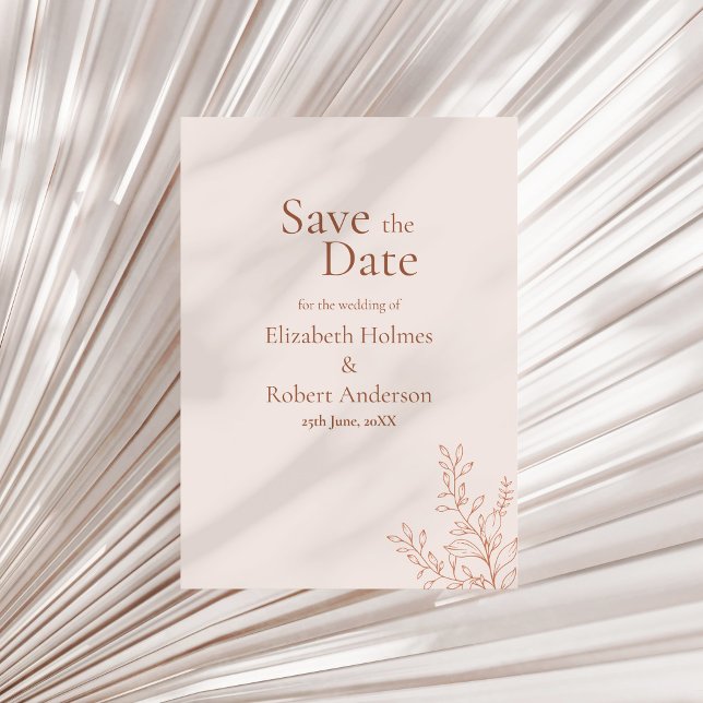 Invitación Minimal Terracotta Botanical Save the Date (Minimal Terracotta Botanical Save the Date Invitation on a sunny neutral dry palm leaf.)