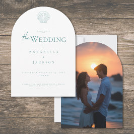 Invitación Minimal Typography Aqua White Shell Photo Wedding