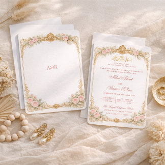 Invitación Minimal Victorian Floral Gold Muslim Nikkah Pink