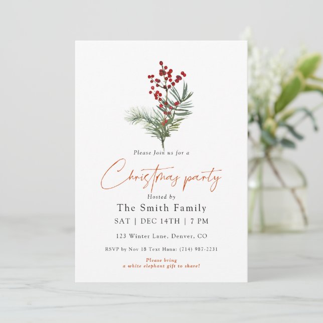 Invitación Minimal Watercolor Berry Christmas Party (Anverso de pie)