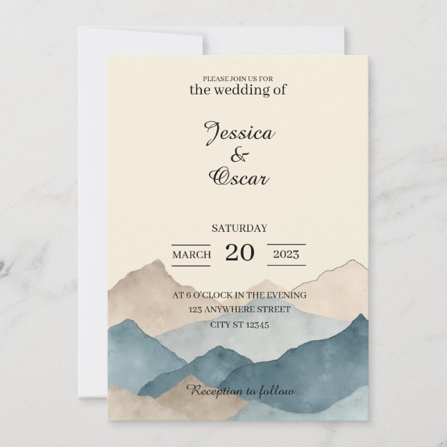 Invitación Minimal Watercolor Mountain Wedding Invitation (Anverso)