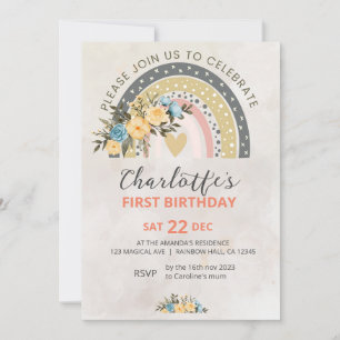 Invitación Minimali Pompas Grass Retro Rainbow Boho Cumpleaño