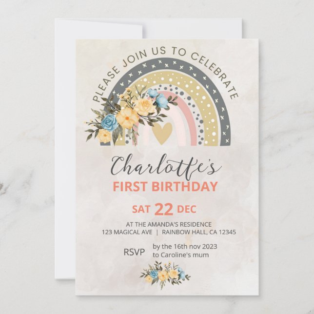Invitación Minimali Pompas Grass Retro Rainbow Boho Cumpleaño (Anverso)