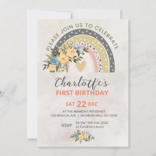 Invitación Minimali Pompas Grass Retro Rainbow Boho Cumpleaño