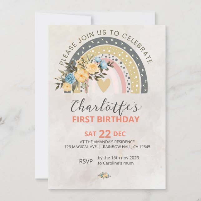 Invitación Minimali Pompas Grass Retro Rainbow Boho Cumpleaño (Anverso)