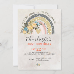 Invitación Minimali Pompas Grass Retro Rainbow Boho Cumpleaño