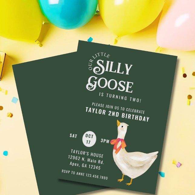 Invitación Minimalismo С lassic Silly Goose Cumpleaños (Minimalist “Our Silly Goose Is Turning Two” invite with dark green background and clean design.)