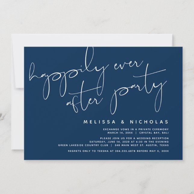 Invitación Minimalismo Azul Marino, Boda Fuga Party (Anverso)