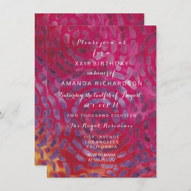 Invitación Minimalismo Candy Rojo Batik Tropical Pink Cumplea (Anverso / Reverso)