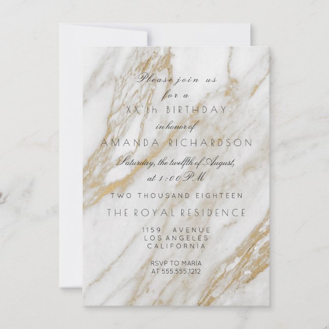 Invitación Minimalismo Gris Oro Blanco Cumpleaños Mármol (Anverso)