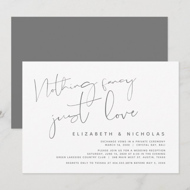 Invitación Minimalismo Gris Oscuro, Boda Fiesta de Elopamient (Anverso / Reverso)