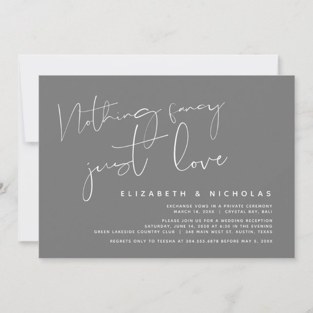 Invitación Minimalismo Gris Oscuro, Fiesta de Boda Fugaz (Anverso)