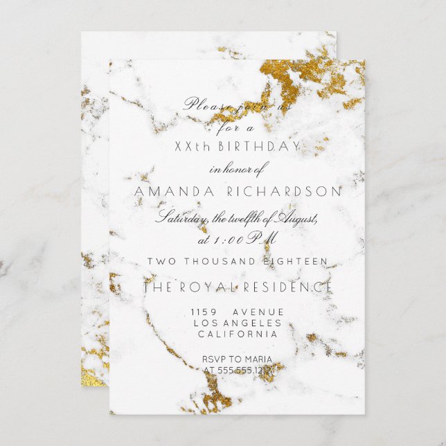 Invitación Minimalismo Mármol Blanco Carrara Oro Cumpleaños (Anverso / Reverso)