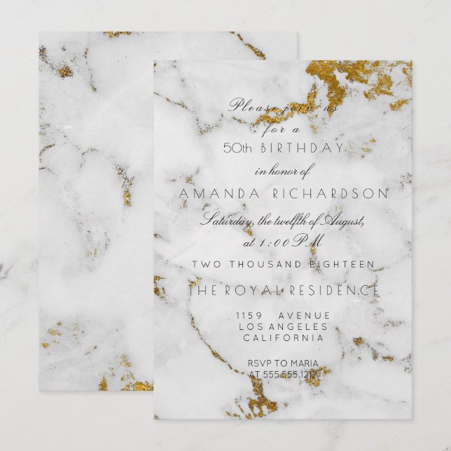 Invitación Minimalismo Mármol Blanco Gris Dorado Cumpleaños (Anverso / Reverso)