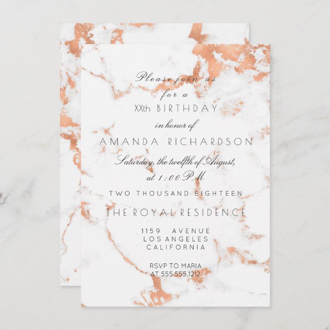 Invitación Minimalismo Mármol Gris Blanco Cumpleaños Rosa Dor (Anverso / Reverso)
