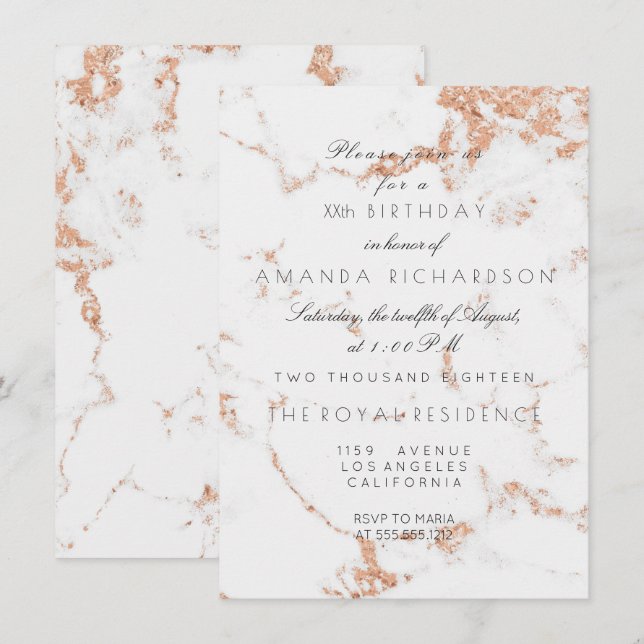 Invitación Minimalismo Mármol Gris Blanco Rosa Cobre Cumpleañ (Anverso / Reverso)