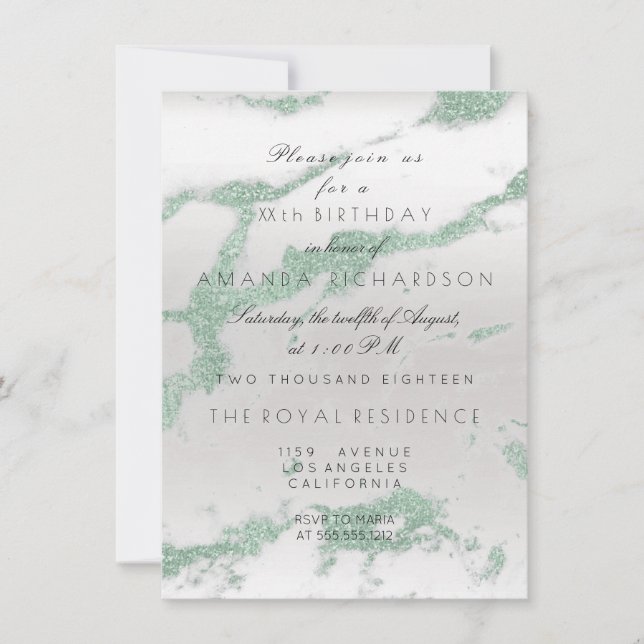 Invitación Minimalismo Mármol Gris Plata Verde Menta Cumpleañ (Anverso)