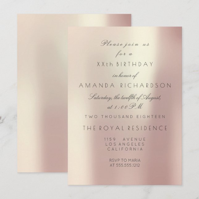 Invitación Minimalismo Rosa Rosa Rosa Rubor Pearly Glam Cumpl (Anverso / Reverso)