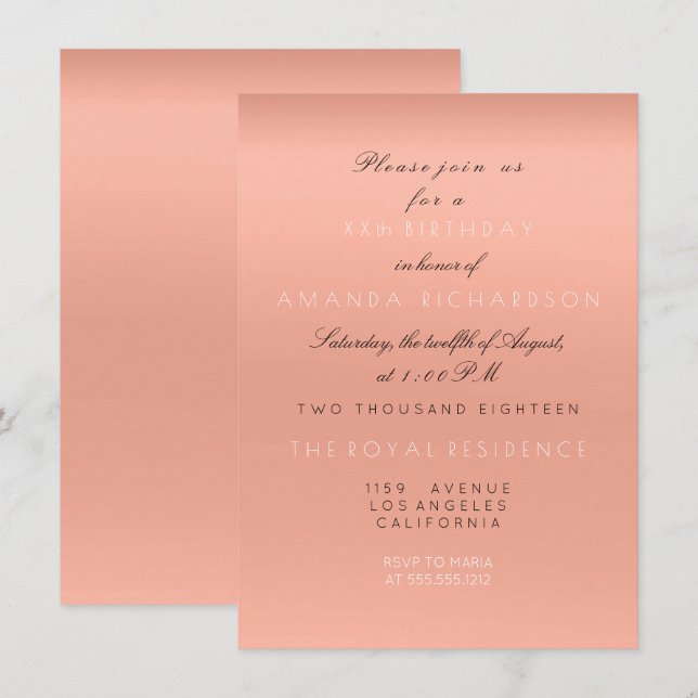 Invitación Minimalismo Salmón Melocotón Coral Blanco Cumpleañ (Anverso / Reverso)