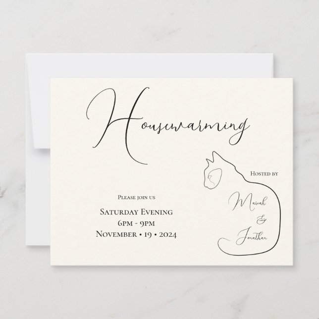 Invitación Minimalismo Sitting Cat Black & Cream Houting (Anverso)